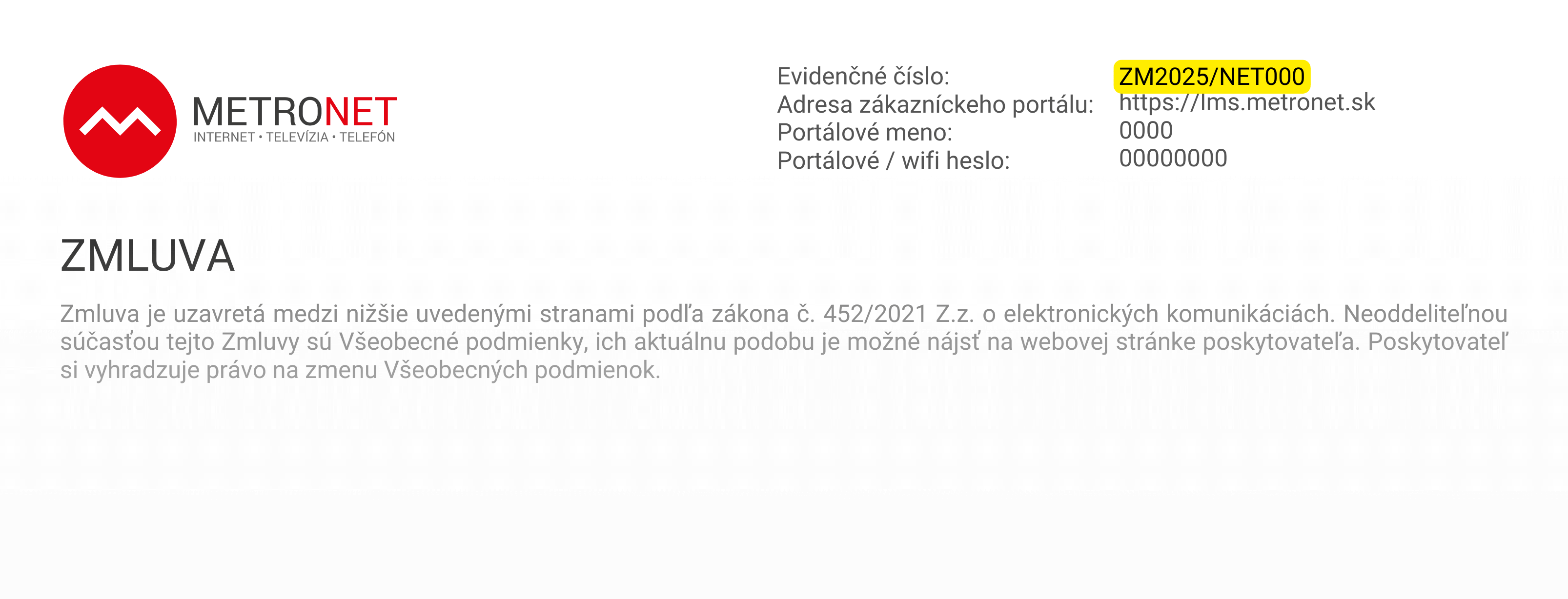 Ukážka, kde na zmluve METRONET nájdete evidenčné číslo zmluvy
