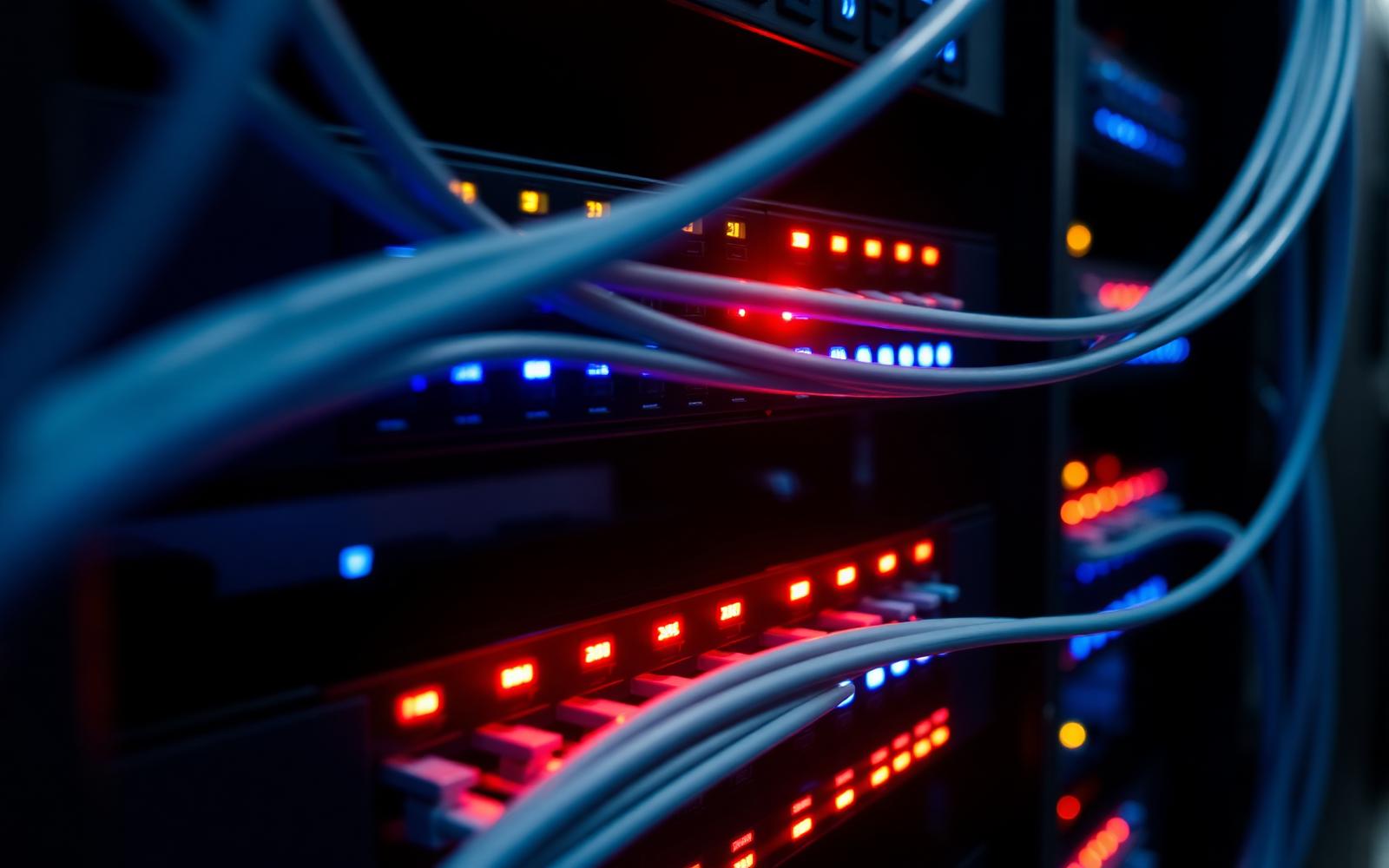 Optická infraštruktúra METRONET so svietiacimi patch káblami v datacentre